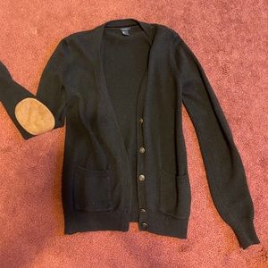 Black cardigan with tan elbow pads